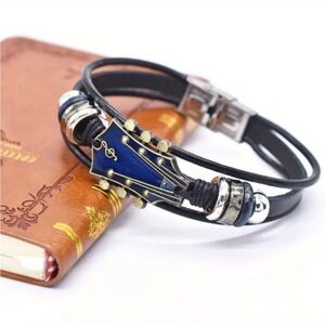 🎸New! Unisex Blue Enamel Guitar Head Stock Black PU Leather 8” Rope Bracelet